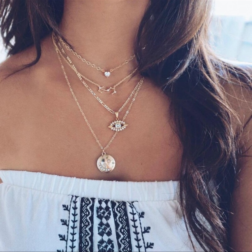 2/$10 NEW! Evil Eye Necklace Boho Hamsa Spiritual Rhinestone Zodiac Moon Sun